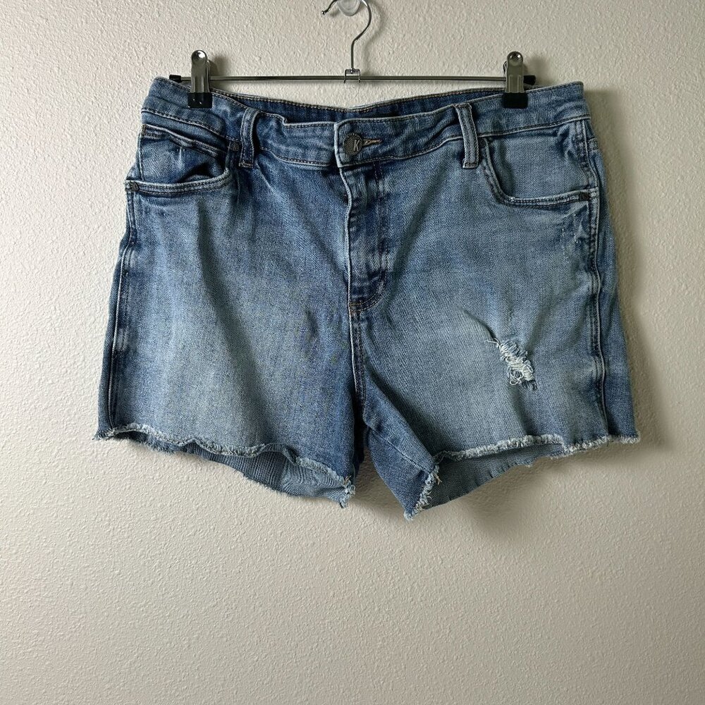 KUT Gidget High Rise Short Womens Size 12 Medium Wash Denim Cut Off Distressed